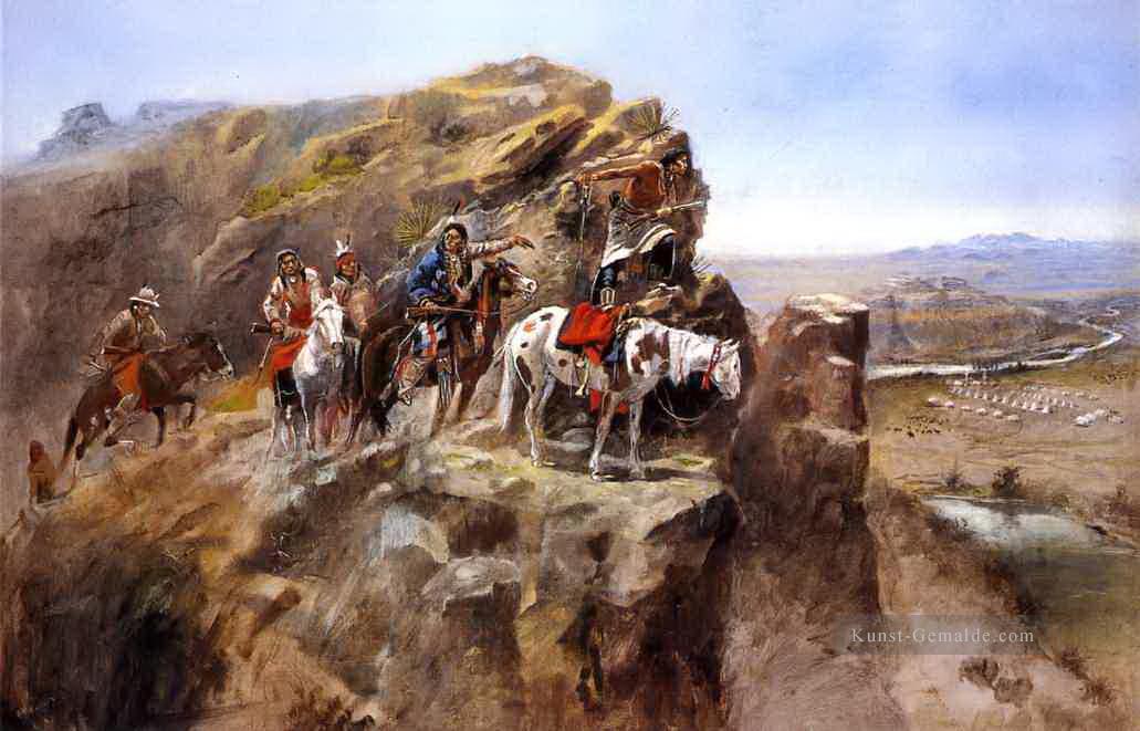 Indianer auf einer Klippe mit allgemeinen Meilen Truppen Vermessung Charles Marion Russell Ölgemälde